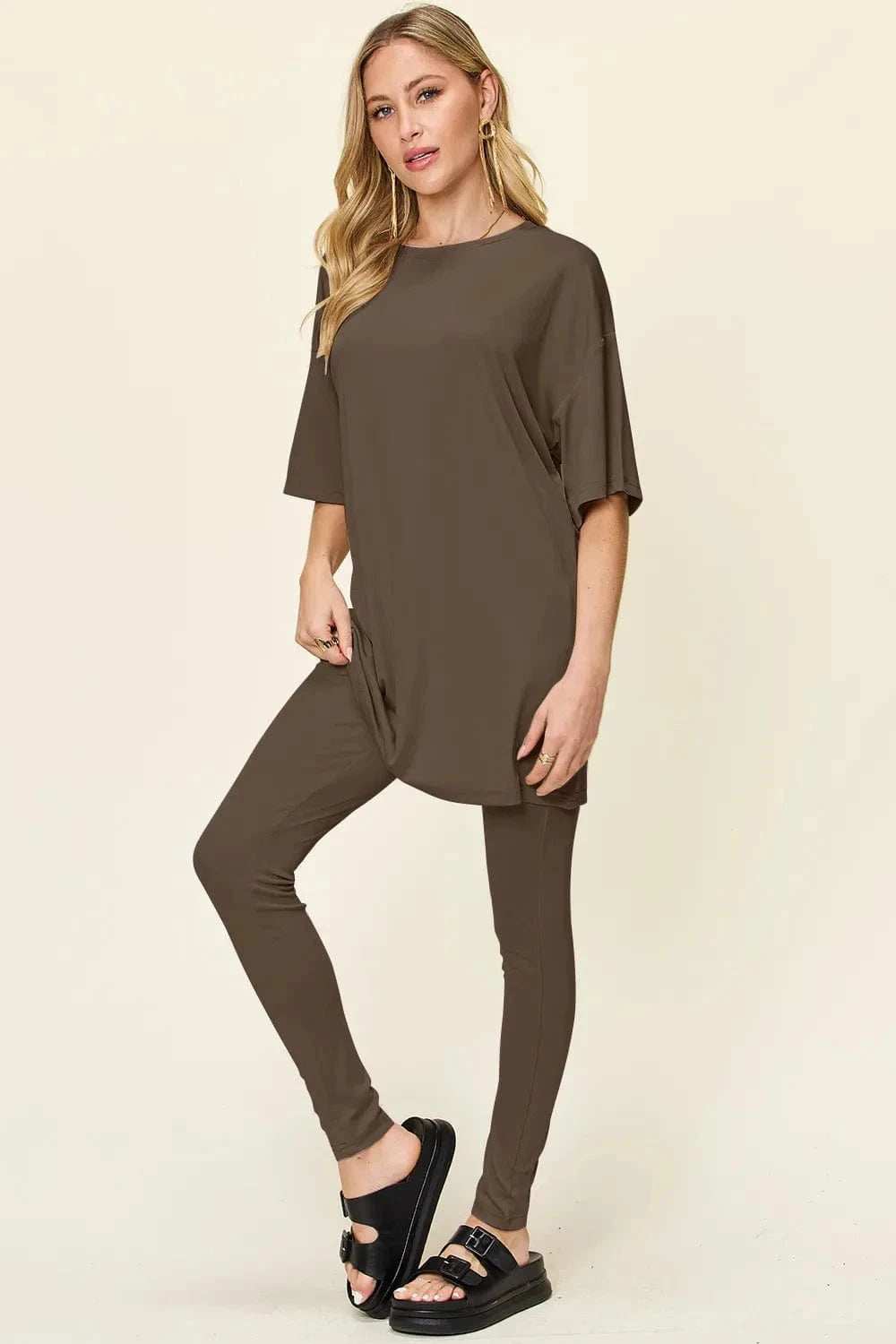 Double Take Full Size Round Neck Dropped Shoulder T-Shirt and Leggings Set - Trendsi - Flyclothing LLC