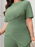 Plus Size Asymmetrical Round Neck Short Sleeve Top and Pants Set - Trendsi - Flyclothing LLC