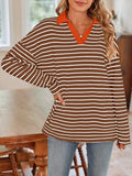 Striped Johnny Collar Long Sleeve T-Shirt - Trendsi - Flyclothing LLC