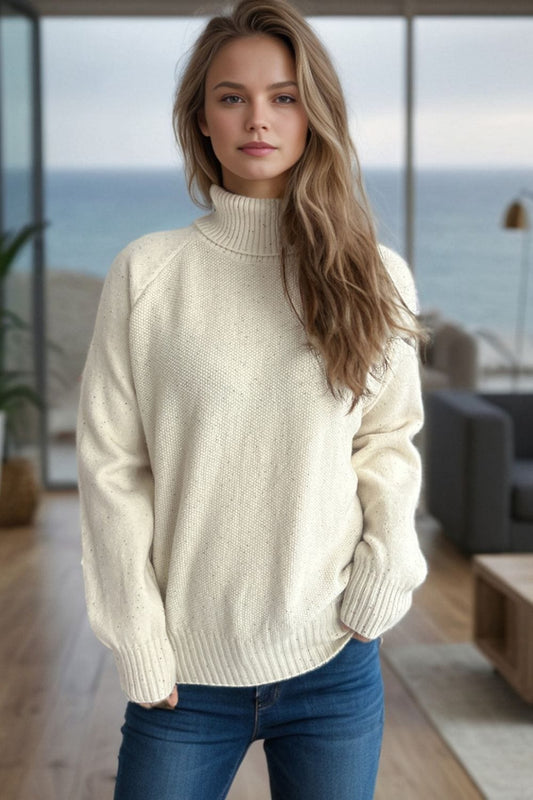 Ribbed Turtleneck Raglan Sleeve Sweater - Trendsi