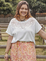Plus Size Lace Detail Round Neck Short Sleeve Top - Trendsi - Flyclothing LLC