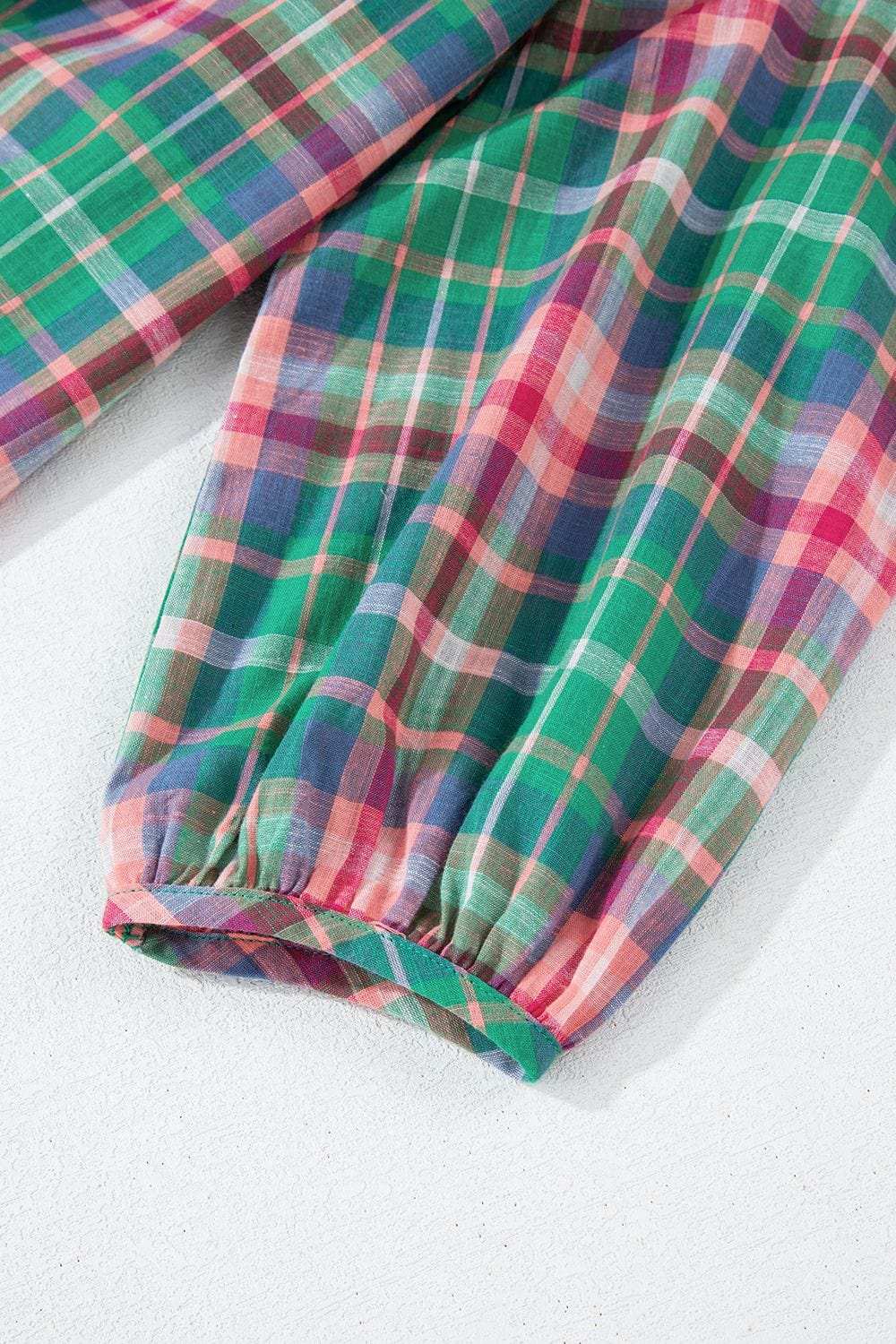 Plaid Collared Neck Three-Quarter Sleeve Shirt - Trendsi - Flyclothing LLC