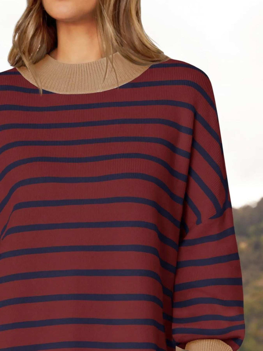Striped Round Neck Long Sleeve Sweater - Trendsi - Flyclothing LLC