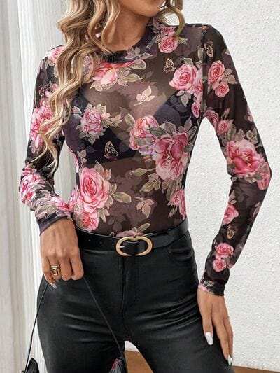 Mesh Floral Mock Neck Long Sleeve Top - Trendsi - Flyclothing LLC
