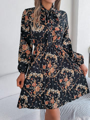 Pleated Printed Tie Neck Long Sleeve Dress - Trendsi