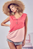 BiBi Color Block Contrast Stitching Buttoned Henley Top - Trendsi