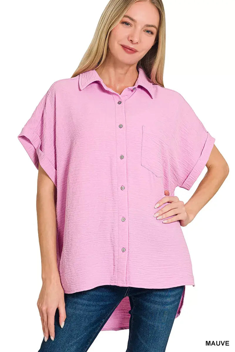 Zenana Woven Airflow Button Down Shirt - Trendsi - Flyclothing LLC