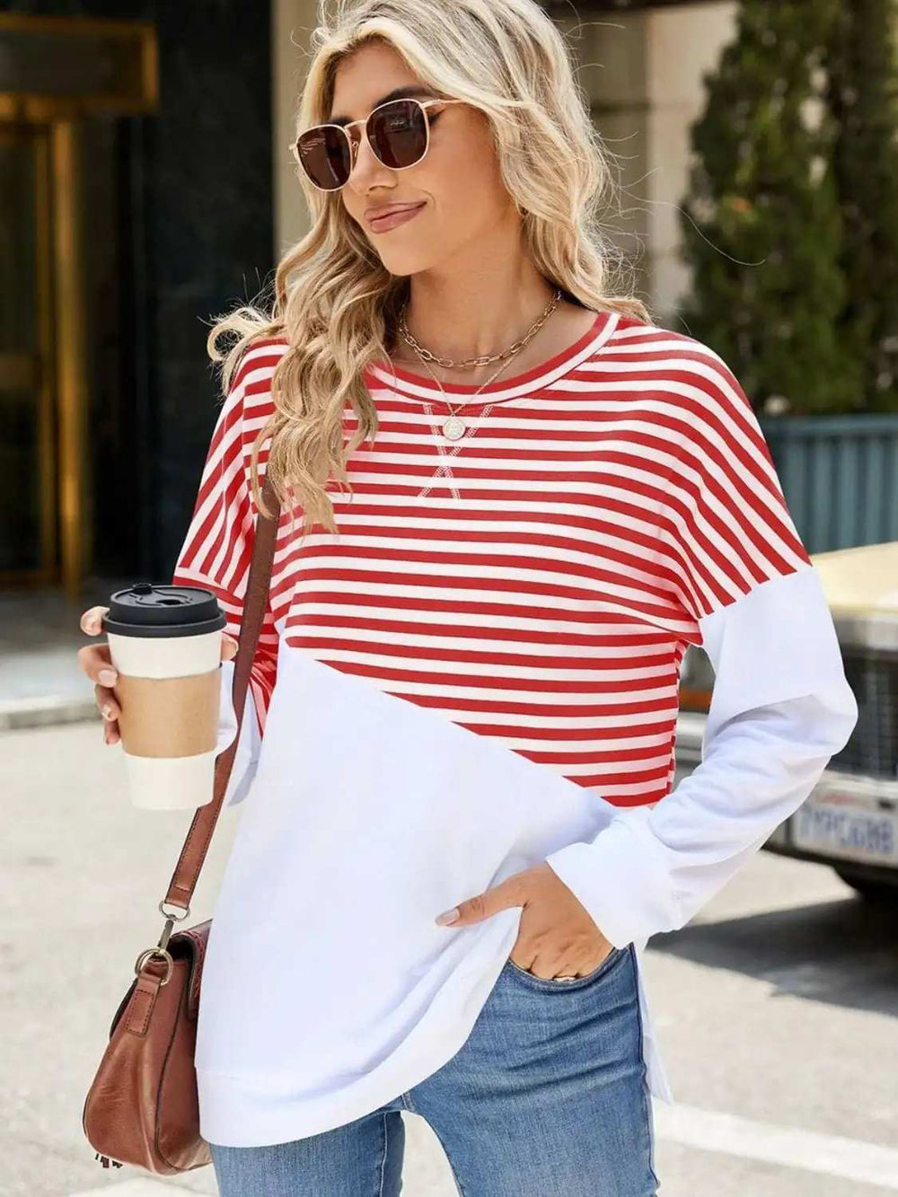 Slit Contrast Striped Long Sleeve Sweatshirt - Trendsi - Flyclothing LLC