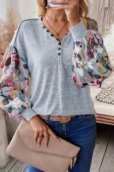 Printed Lantern Sleeve Buttoned V Neck Top - Trendsi - Flyclothing LLC
