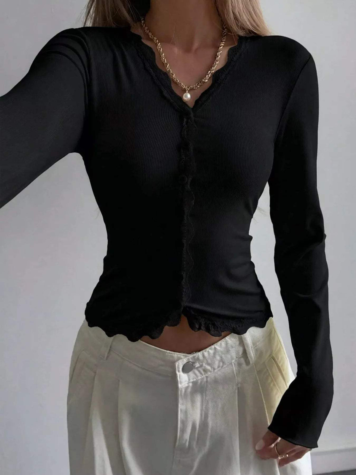 Lace Trim V-Neck Ribbed Long Sleeve Blouse - Trendsi - Flyclothing LLC