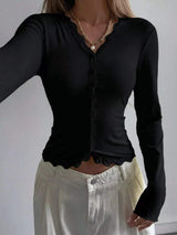 Lace Trim V-Neck Ribbed Long Sleeve Blouse - Trendsi - Flyclothing LLC