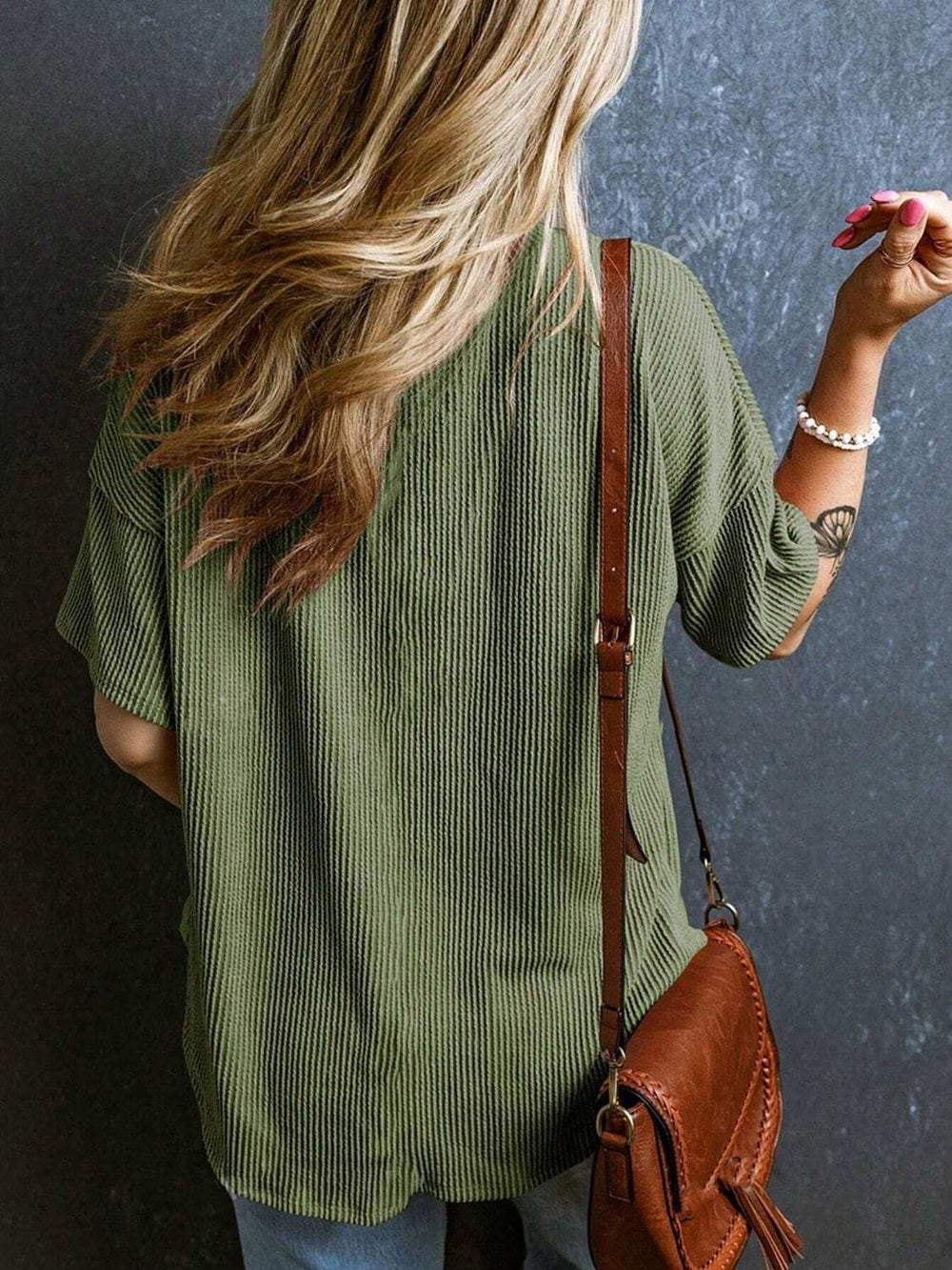 Textured V-Neck Half Sleeve T-Shirt - Trendsi - Flyclothing LLC