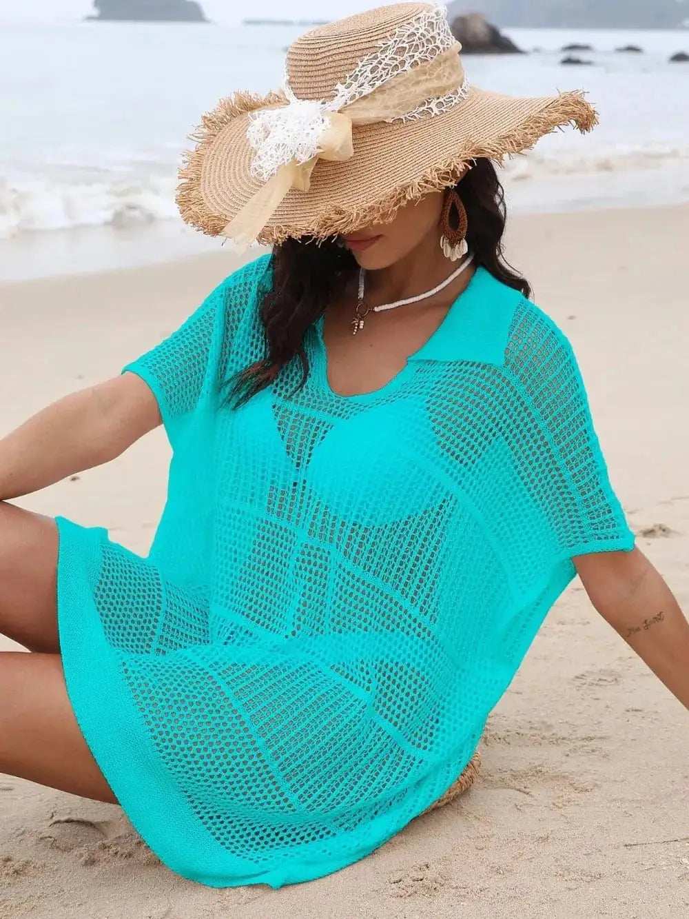 Hollow Out Collared Neck Cover-Up - Trendsi - Flyclothing LLC