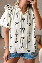 Bow Print Tie Neck Short Sleeve Blouse - Trendsi - Flyclothing LLC