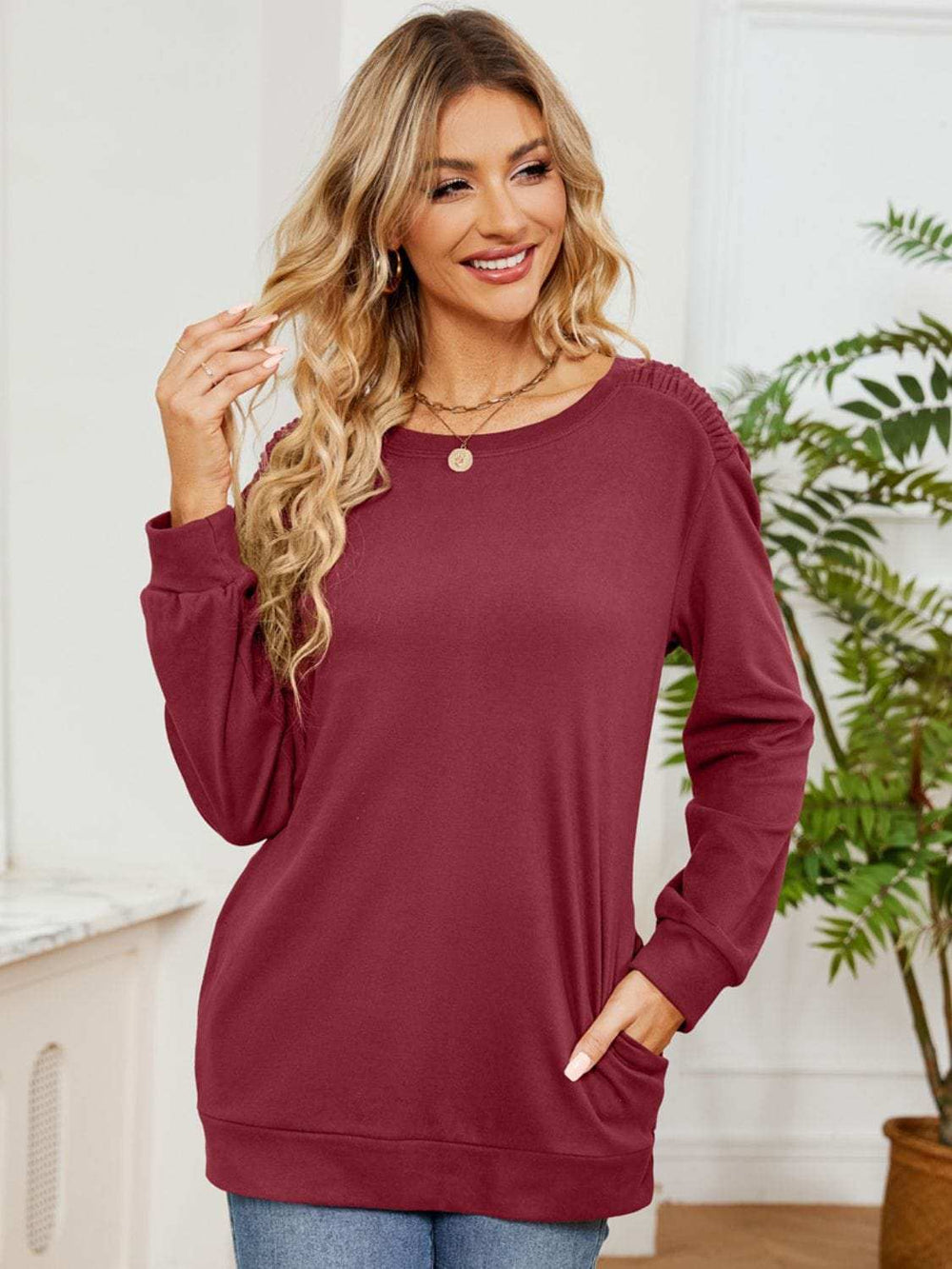 Ruched Shoulder Round Neck Long Sleeve Sweatshirt - Trendsi - Flyclothing LLC