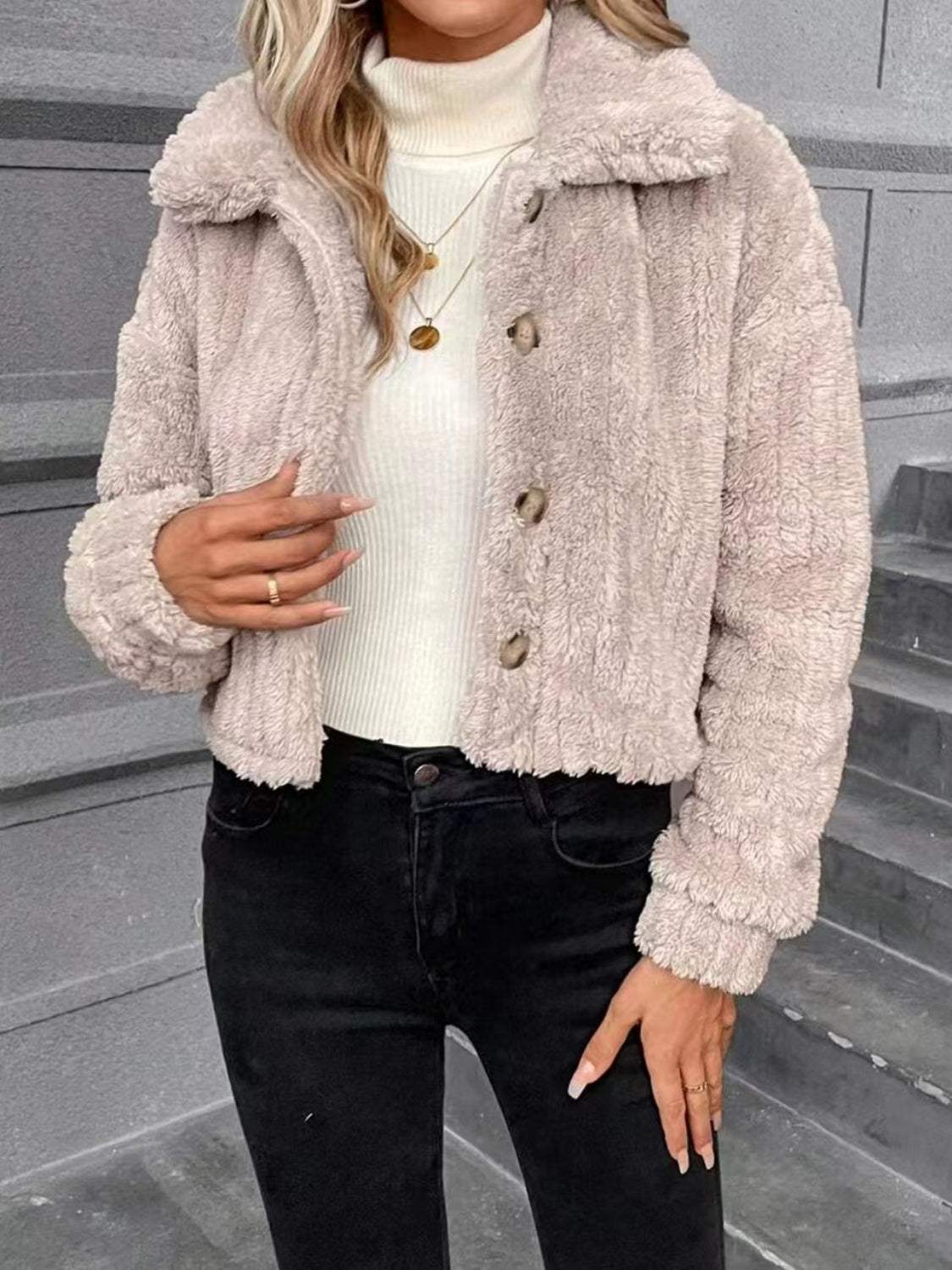 Button Up Long Sleeve Fuzzy Outerwear - Trendsi - Flyclothing LLC
