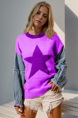 Double Take Full Size Star Pattern Raw Edge Long Sleeve Sweater - Trendsi - Flyclothing LLC