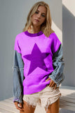 Double Take Full Size Star Pattern Raw Edge Long Sleeve Sweater - Trendsi - Flyclothing LLC