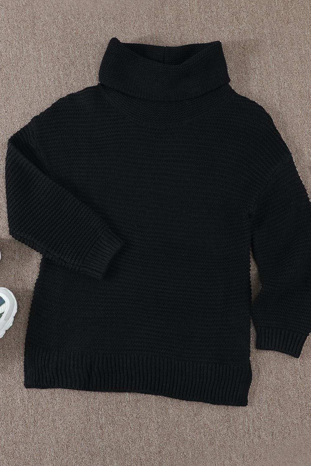 Side Slit Turtleneck Long Sleeve Sweater - Trendsi - Flyclothing LLC