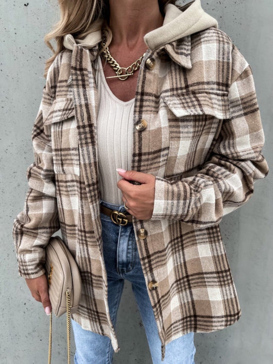 Plaid Button Up Jacket with Removable Hood - Trendsi