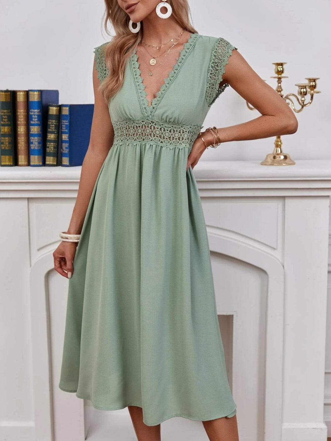 Lace Detail V-Neck Cap Sleeve Dress - Trendsi - Flyclothing LLC