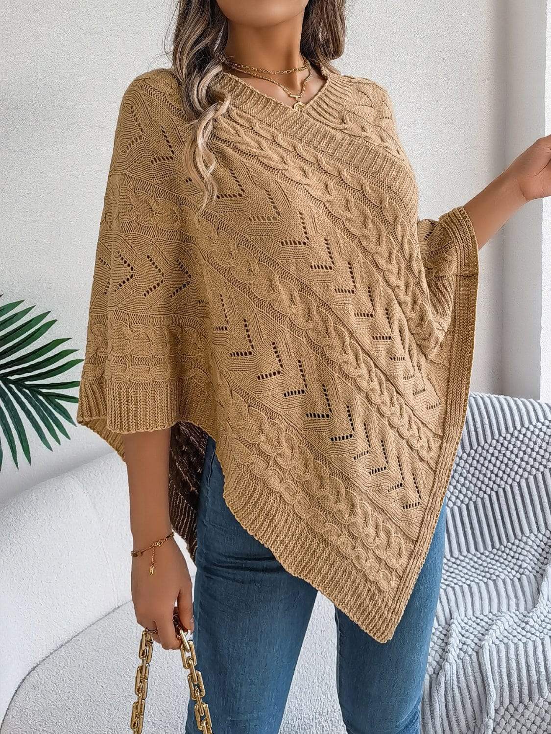 Cable-Knit Openwork Three-Quarter Sleeve Sweater - Trendsi - Flyclothing LLC