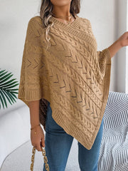 Cable-Knit Openwork Three-Quarter Sleeve Sweater - Trendsi