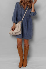 Tie Neck Long Sleeve Mini Denim Dress - Trendsi - Flyclothing LLC
