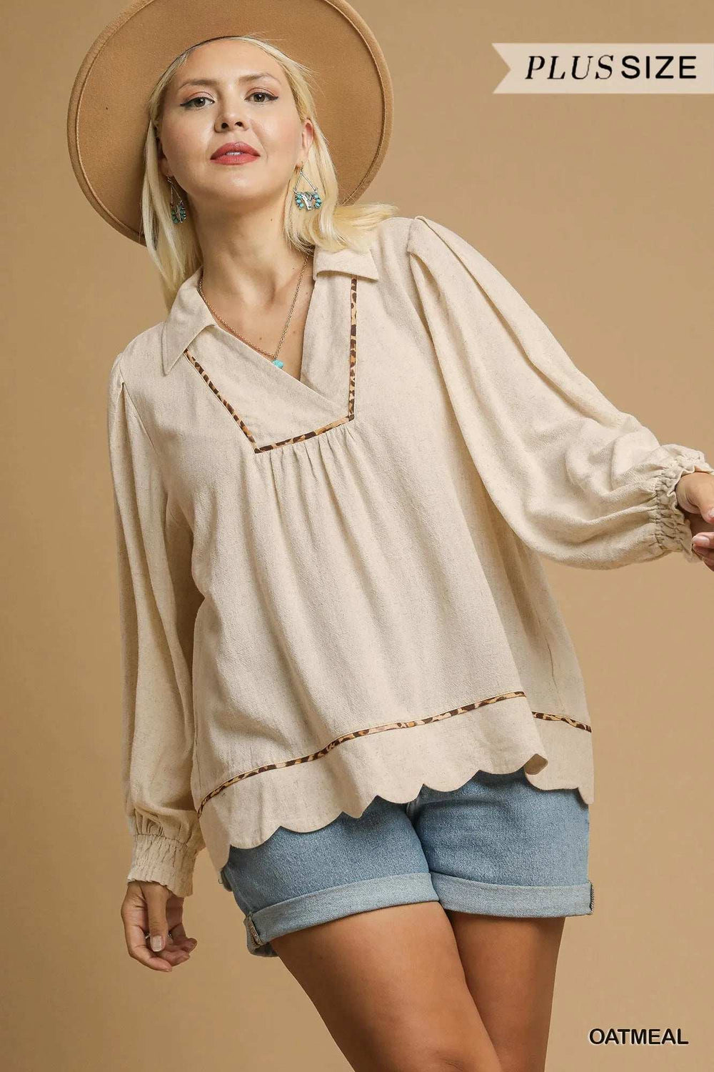 Umgee Full Size Linen Scallop Hem Blouse with Contrast Trim Plus Size - Trendsi - Flyclothing LLC