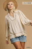 Umgee Full Size Linen Scallop Hem Blouse with Contrast Trim Plus Size - Trendsi - Flyclothing LLC