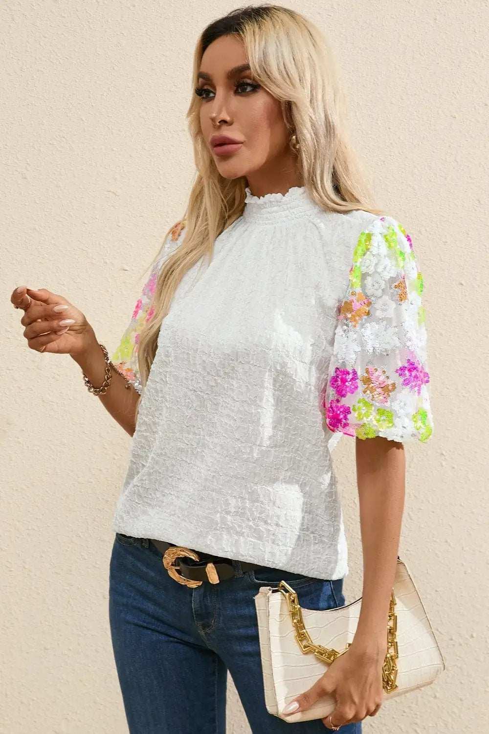 Sequin Flower Mock Neck Half Sleeve Blouse - Trendsi - Flyclothing LLC