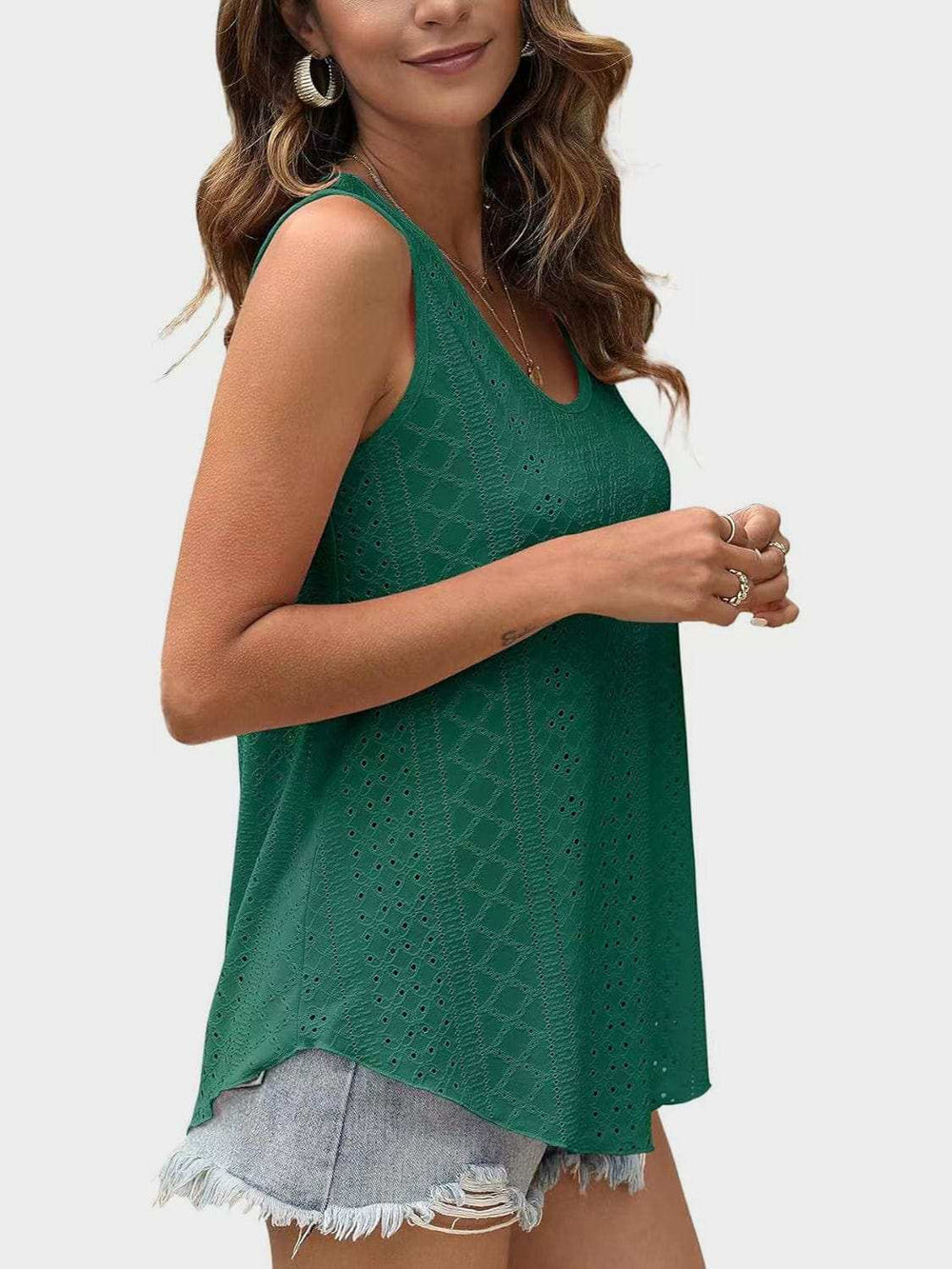 Florira Eyelet Round Neck Tank - Trendsi - Flyclothing LLC