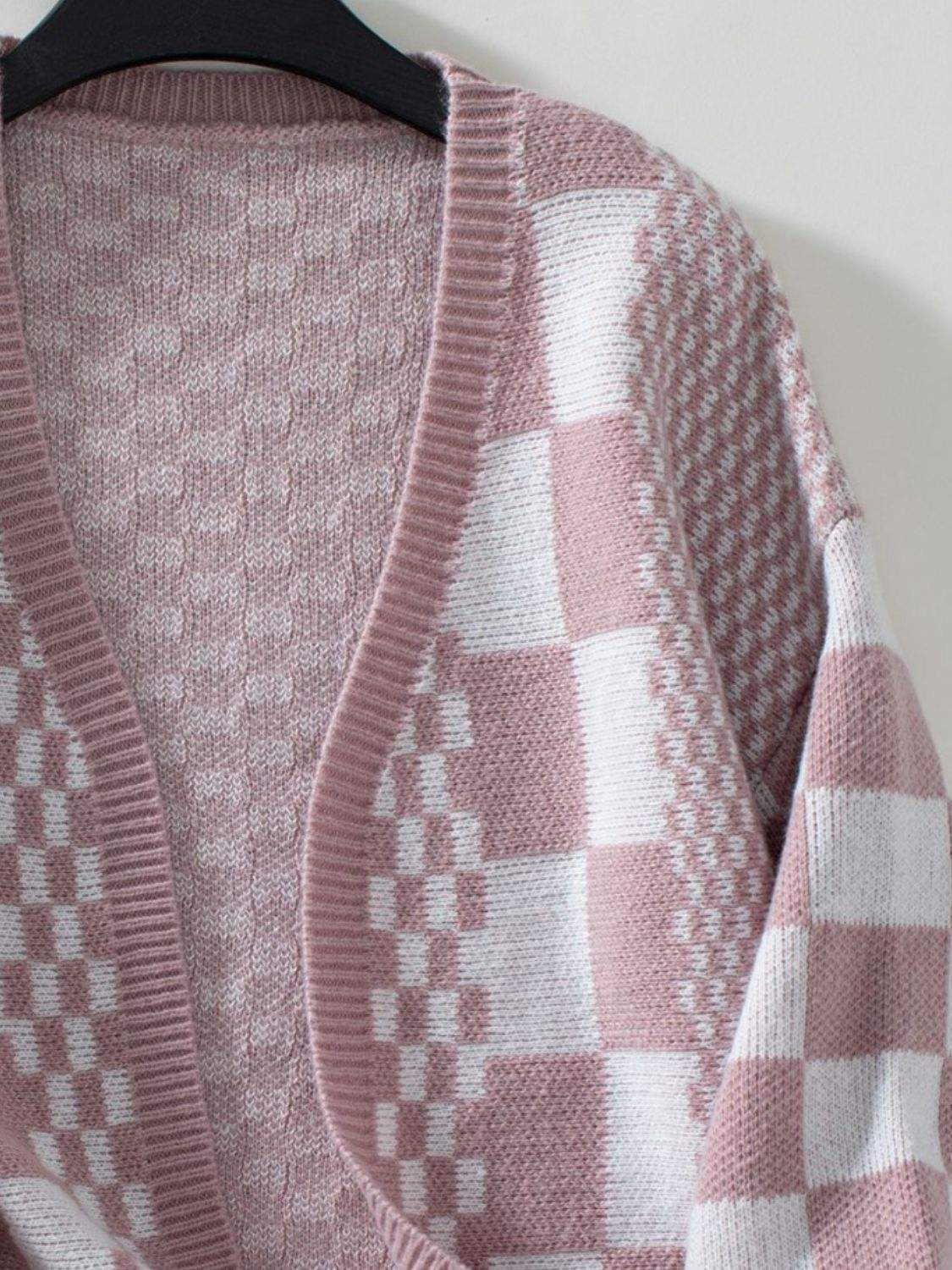 Double Take Checkered Open Front Dropped Shoulder Cardigan - Trendsi - Flyclothing LLC
