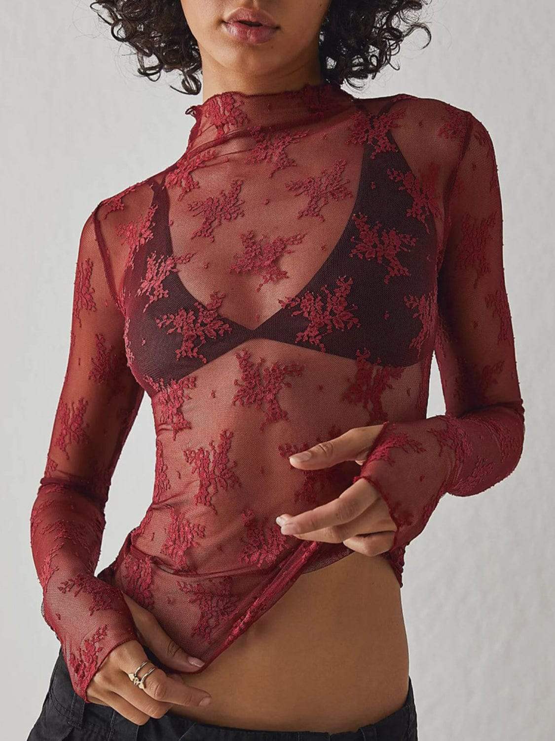 Lace Mock Neck Long Sleeve Blouse - Trendsi - Flyclothing LLC