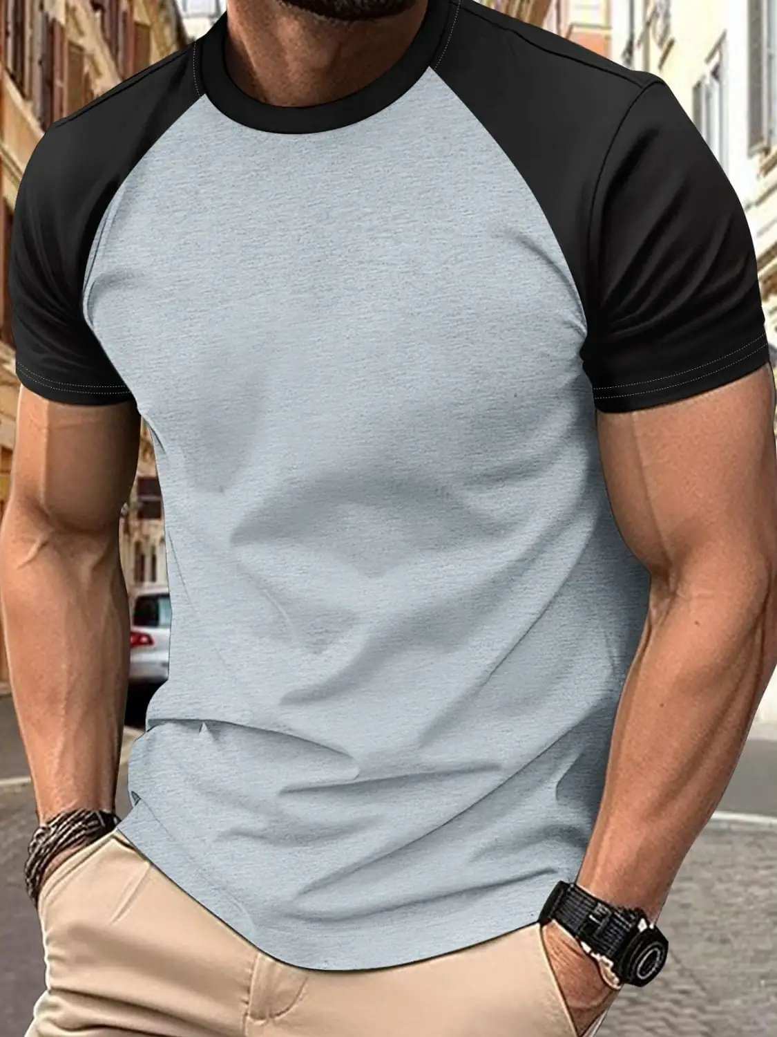 Men's Full Size Round Neck Contrast T-Shirt Plus Size - Trendsi - Flyclothing LLC