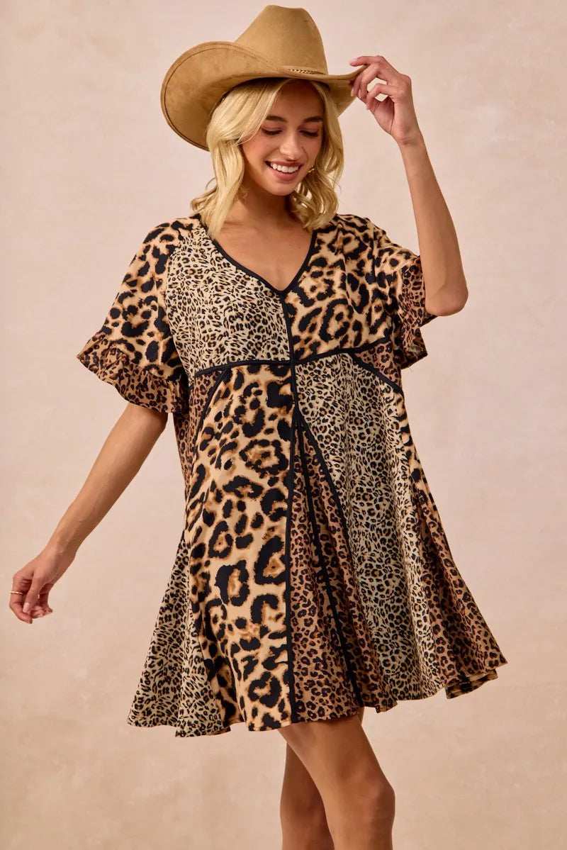 BiBi Leopard Prints Mix and Match Short Sleeves Dress - Trendsi - Flyclothing LLC