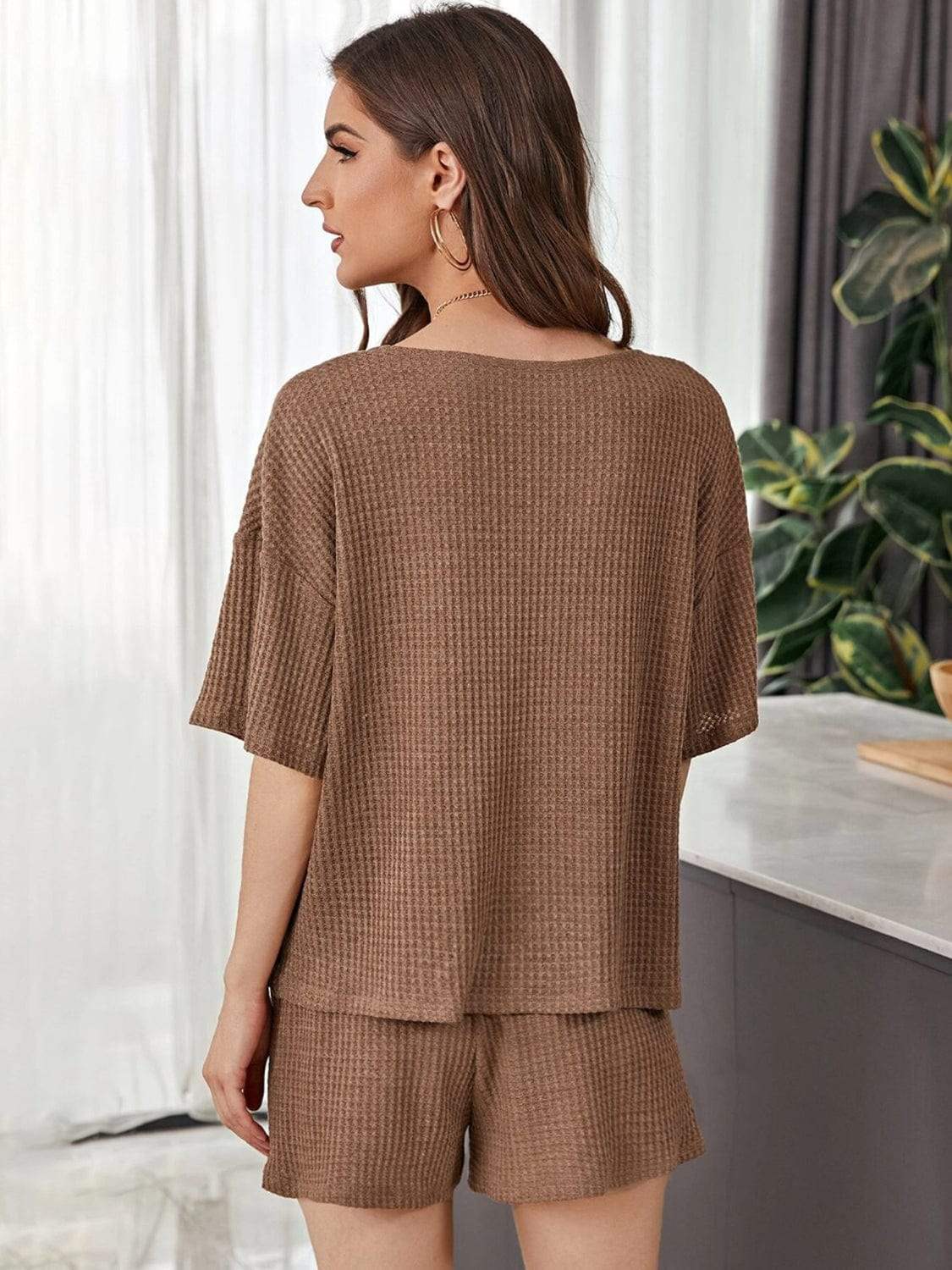 Full Size Waffle-Knit Dropped Shoulder Top and Shorts Set - Trendsi - Flyclothing LLC