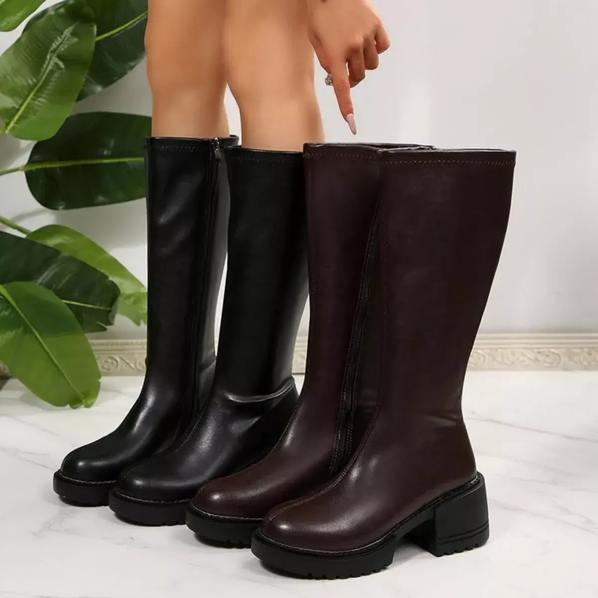Round Toe Block Heels Boots - Trendsi - Flyclothing LLC