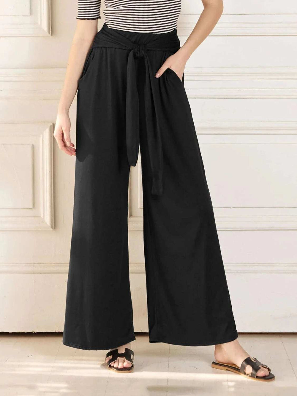 Tied Wide Leg Pants with Pockets - Trendsi - Flyclothing LLC