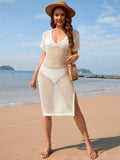 Slit Openwork Johnny Collar Short Sleeve Cover-Up - Trendsi - Flyclothing LLC