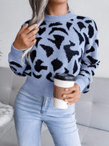 Leopard Round Neck Dropped Shoulder Sweater - Trendsi - Flyclothing LLC