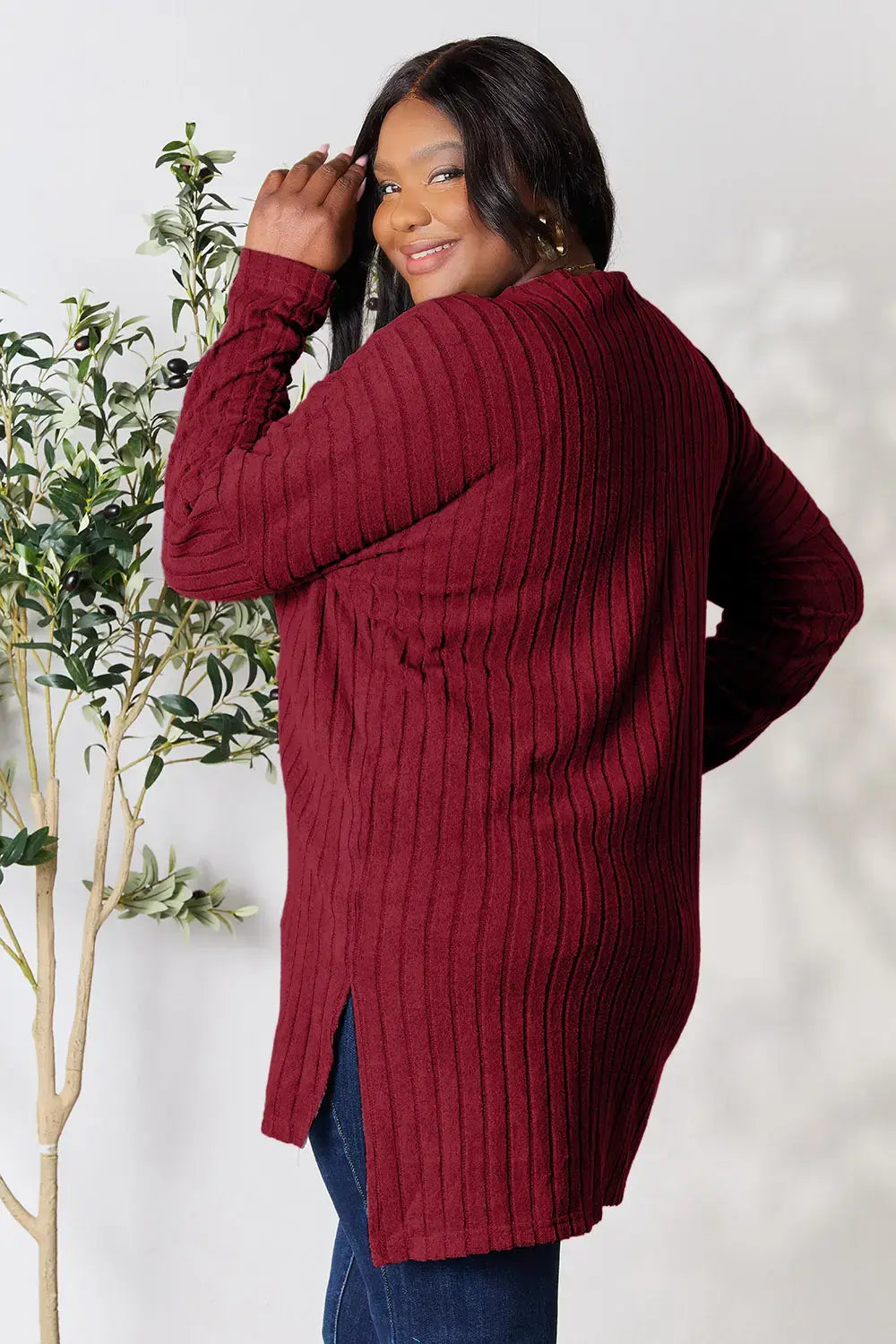 Basic Bae Full Size Ribbed Round Neck Long Sleeve Slit Top - ShopBasicbae - Flyclothing LLC