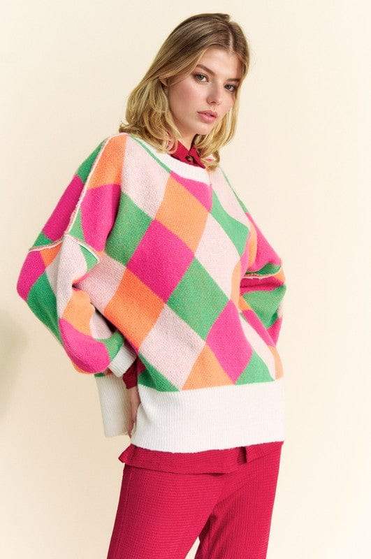 Davi & Dani Exposed Seam Color Block Dropped Shoulder Sweater - Trendsi - Flyclothing LLC