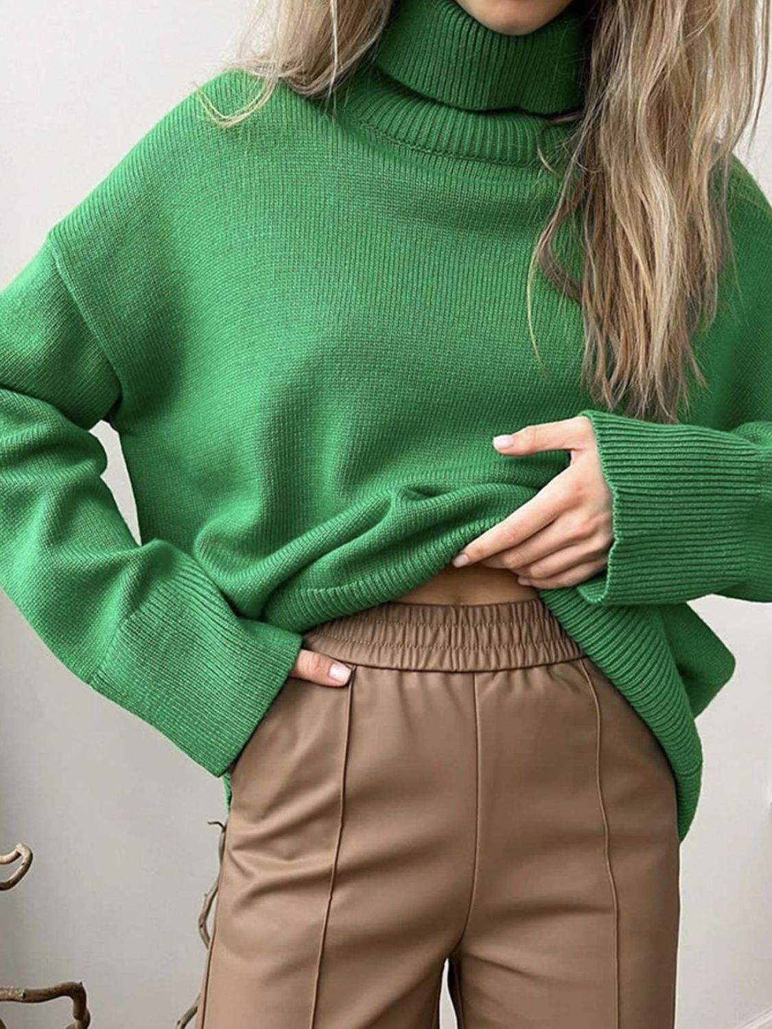 Turtleneck Drop Shoulder Long Sleeve Sweater - Trendsi - Flyclothing LLC