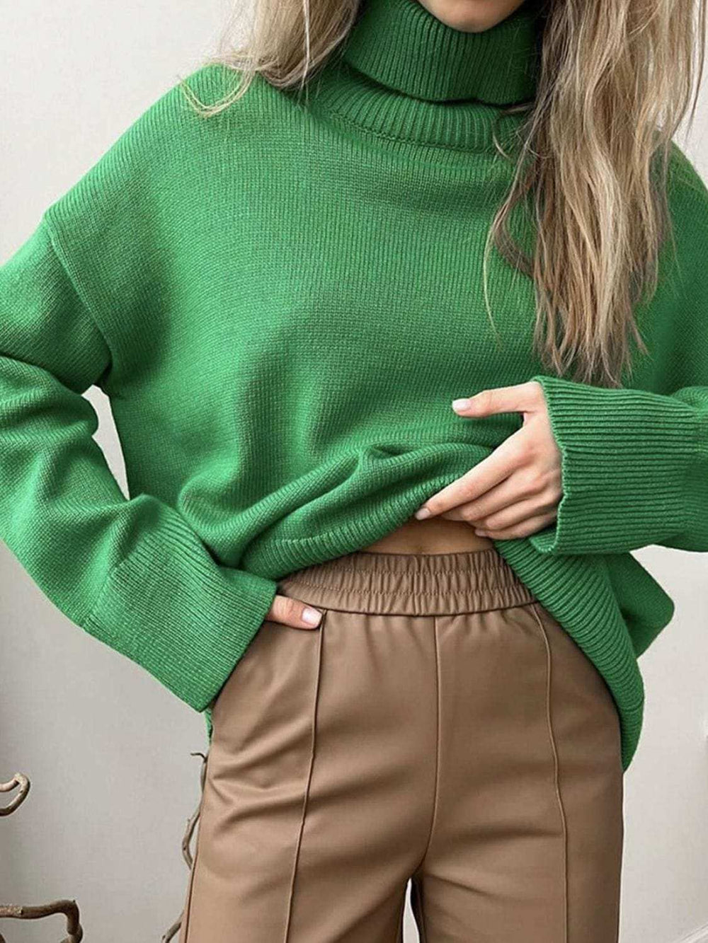 Turtleneck Drop Shoulder Long Sleeve Sweater - Trendsi - Flyclothing LLC