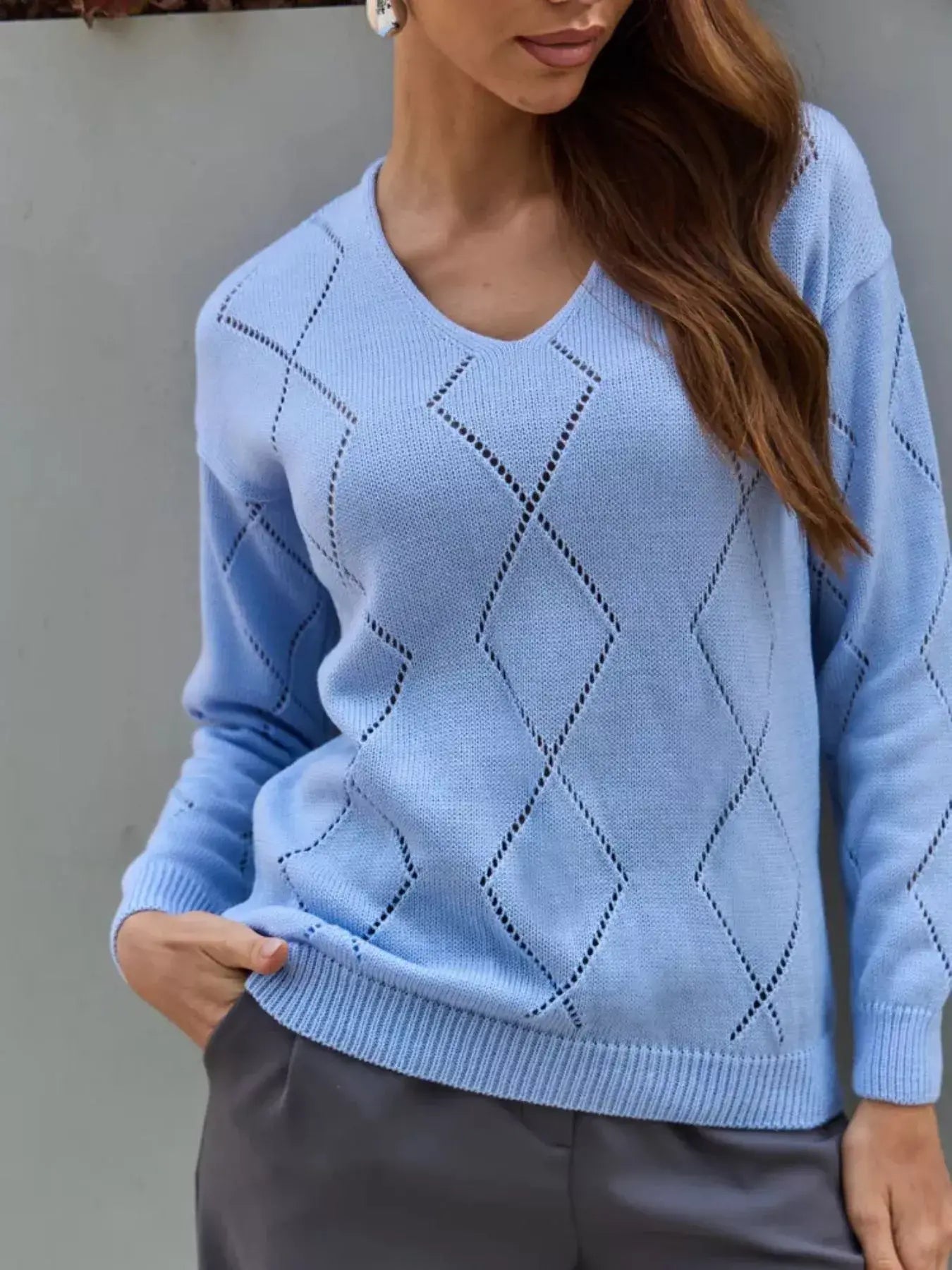 Openwork V-Neck Sweater - Trendsi - Flyclothing LLC