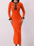 Contrast Trim Round Neck Long Sleeve Sweater Dress - Trendsi - Flyclothing LLC