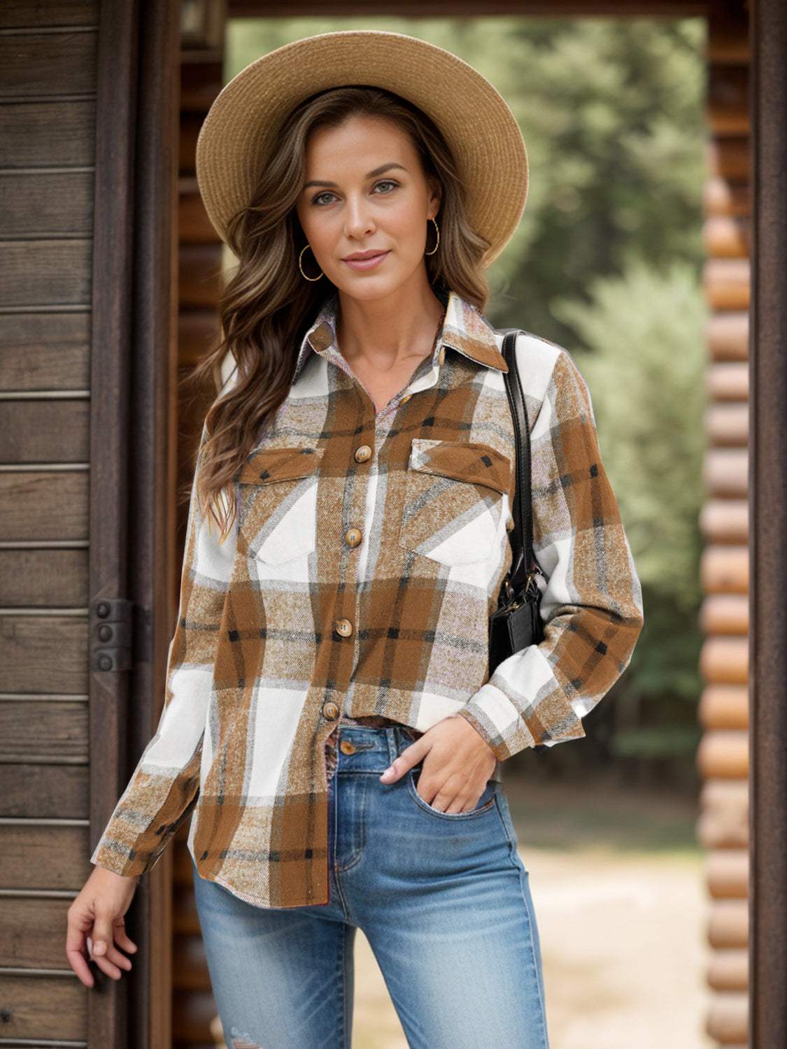 Full Size Pocketed Plaid Collared Neck Shacket - Trendsi - Flyclothing LLC