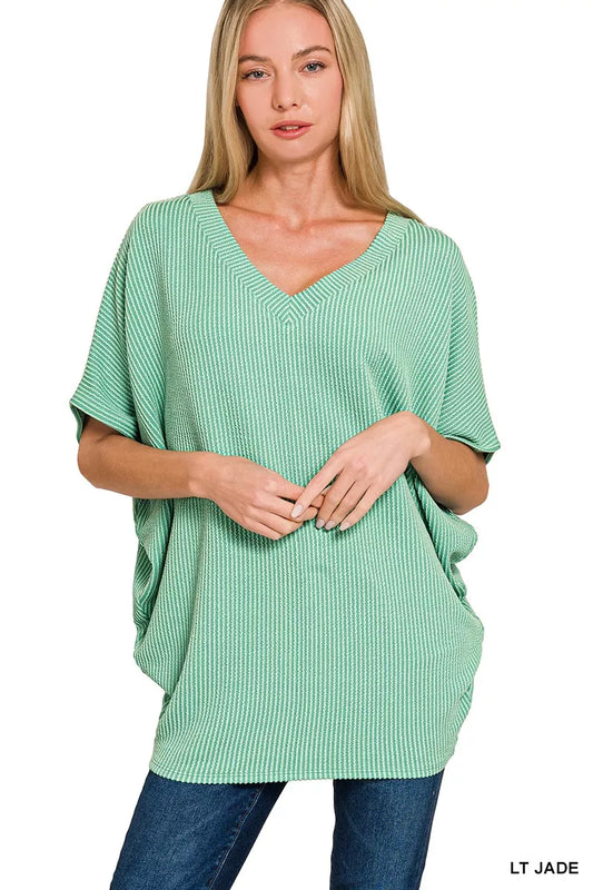 Zenana Raised Rib V-Neck Batwing Top - Trendsi - Flyclothing LLC