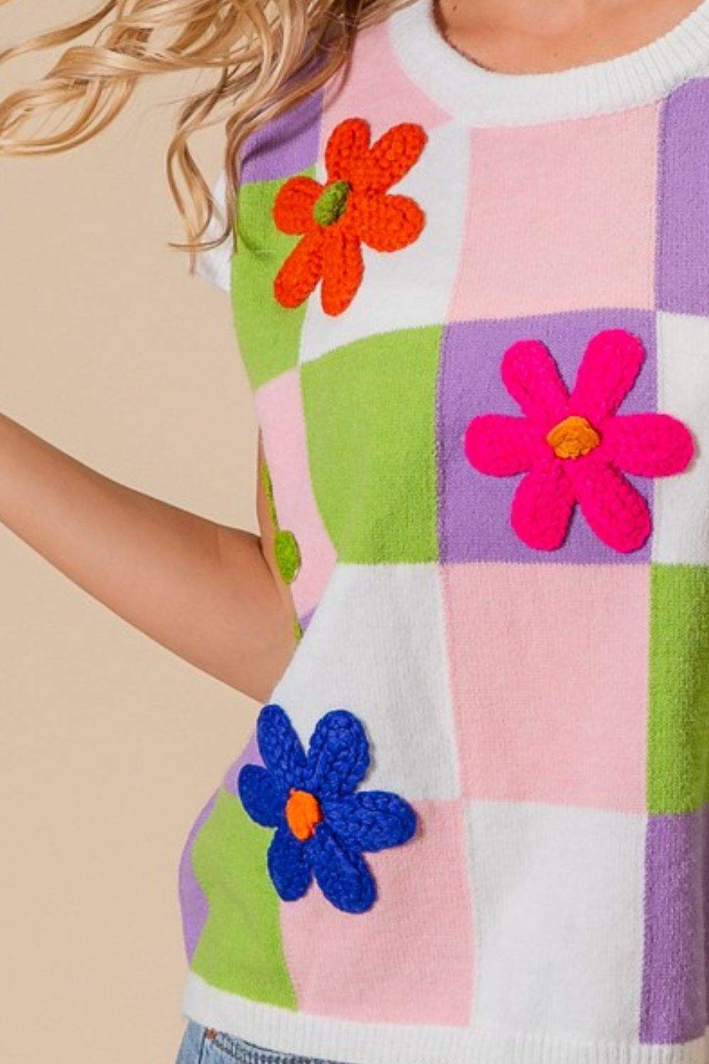 BiBi Flower Patch Checkered Sweater Vest - Trendsi - Flyclothing LLC